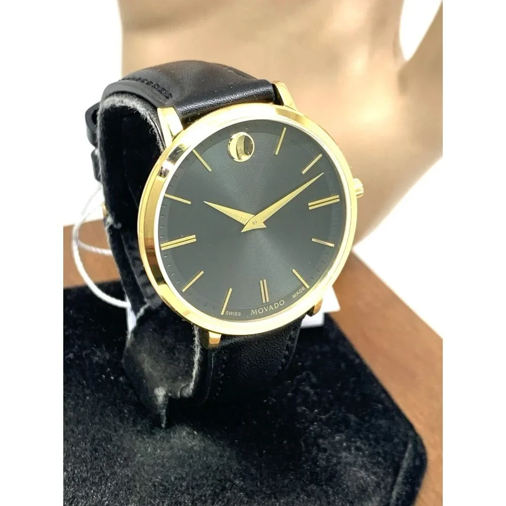 Movado Womens Watch 0607091 Ultra Slim Black Dial Swiss Quartz Gold Leather 35mm